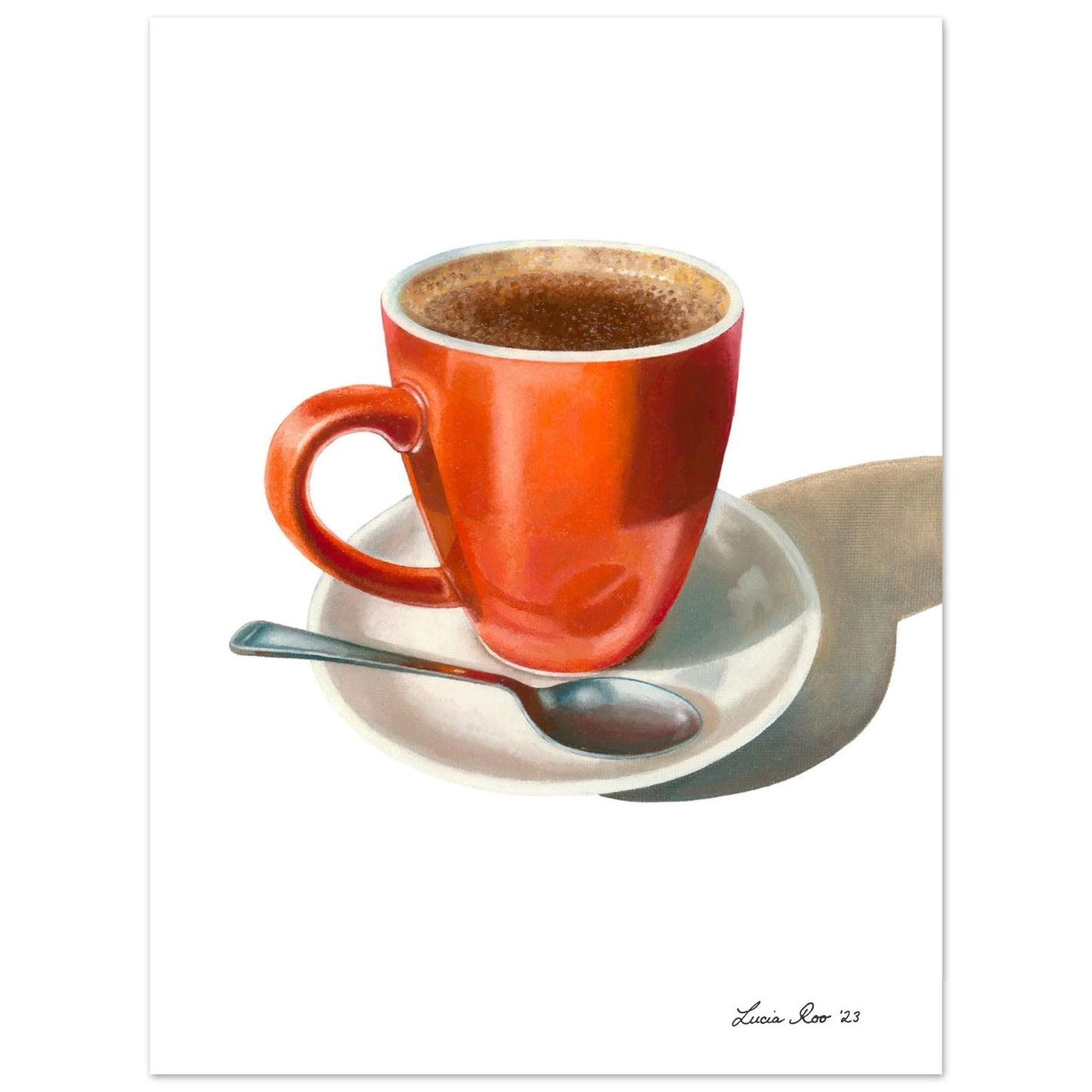 Print of a cappuccino in an orange coffee mug on a white saucer.