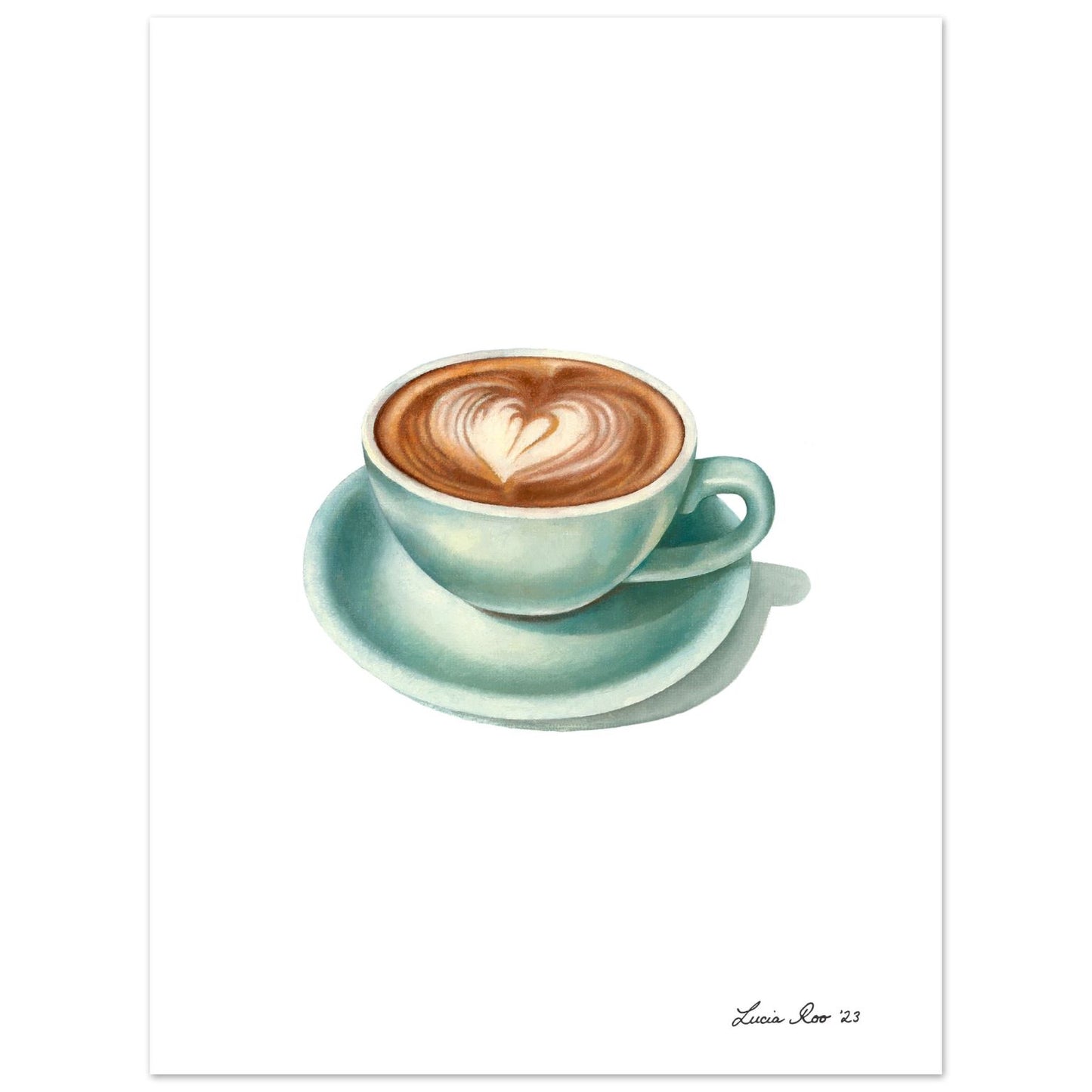 A cappuccino in a pale blue cup and saucer with a heart-shaped pattern.