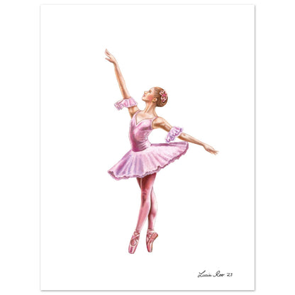 Ballerina in a pale pink costume standing en pointe as she reaches up.