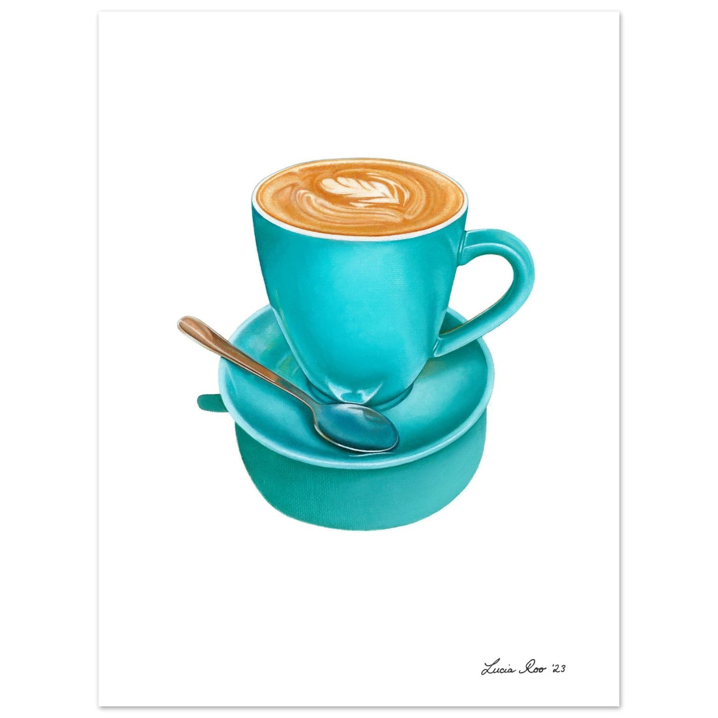 Painting of a smooth flat white served in a turquoise coffee mug and saucer.