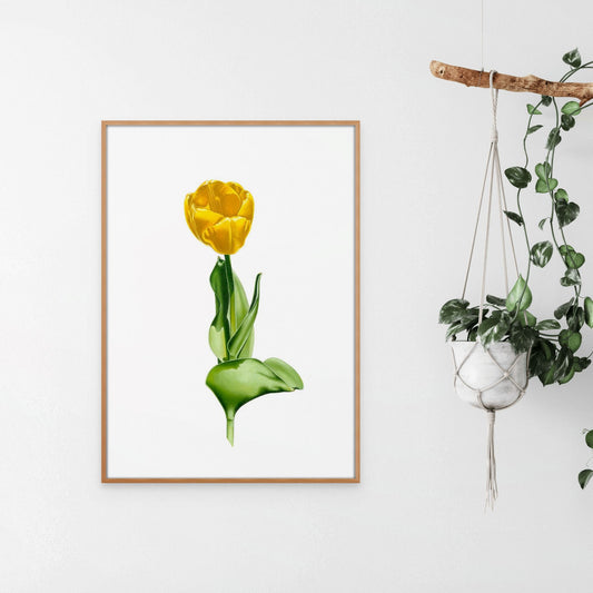 Framed painting of a yellow tulip with green leaves.