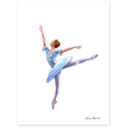 Ballerina in a pale blue costume in the arabesque position.