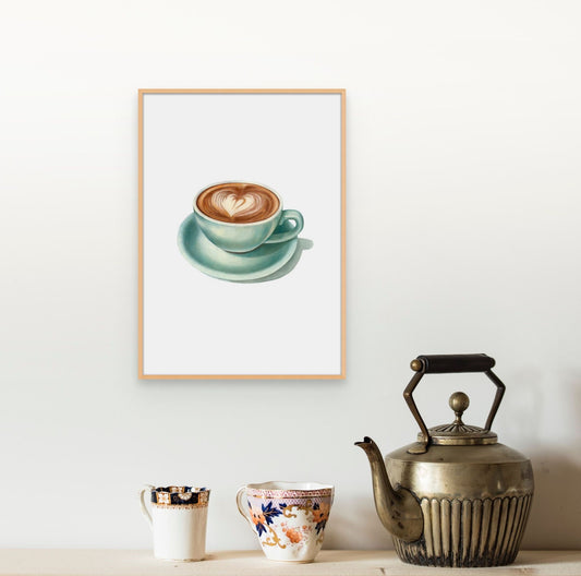 Framed print of a cappuccino in a pale blue cup and saucer with a heart-shaped pattern.