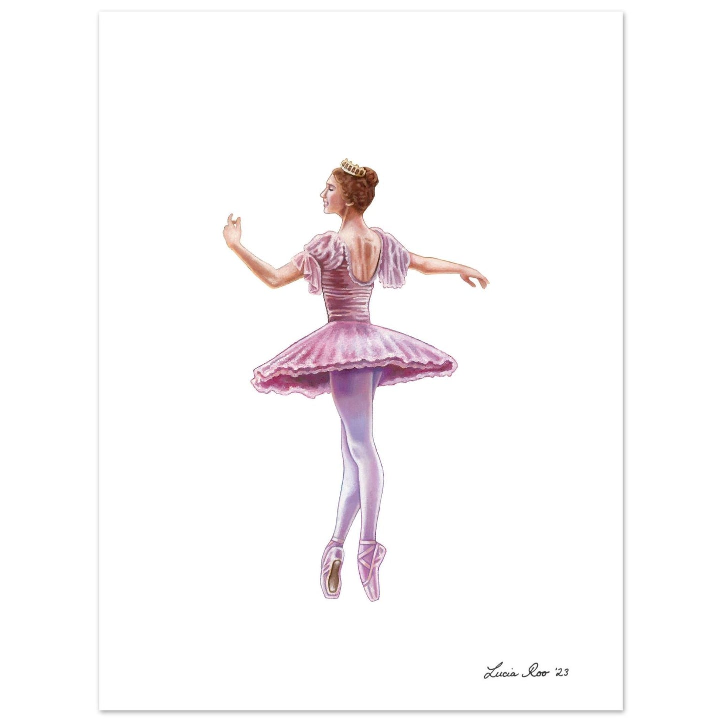 Ballerina wearing a pink costume and golden crown posing gracefully en pointe.