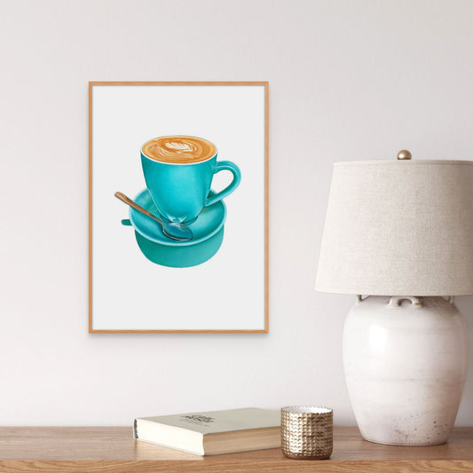 Framed print of a smooth flat white served in a turquoise coffee mug and saucer.