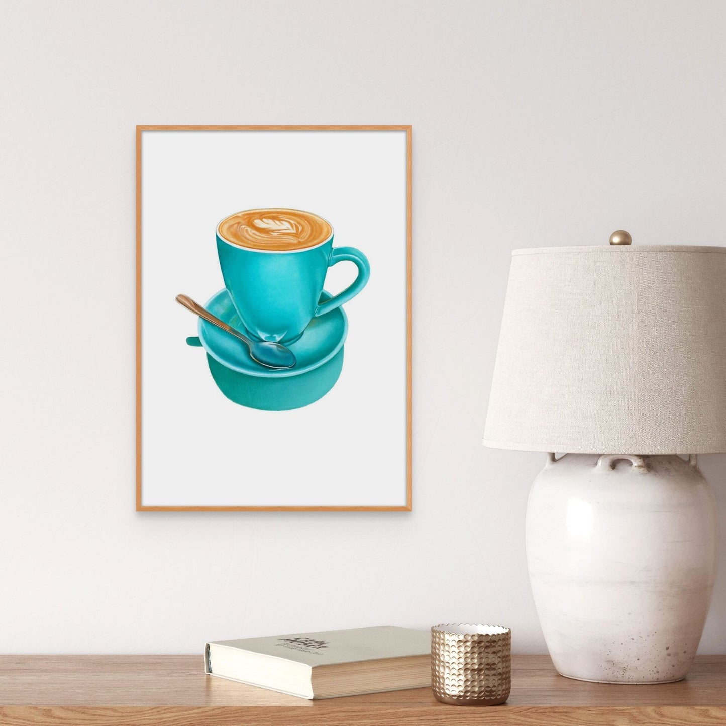 Framed painting of a smooth flat white served in a turquoise coffee mug and saucer.