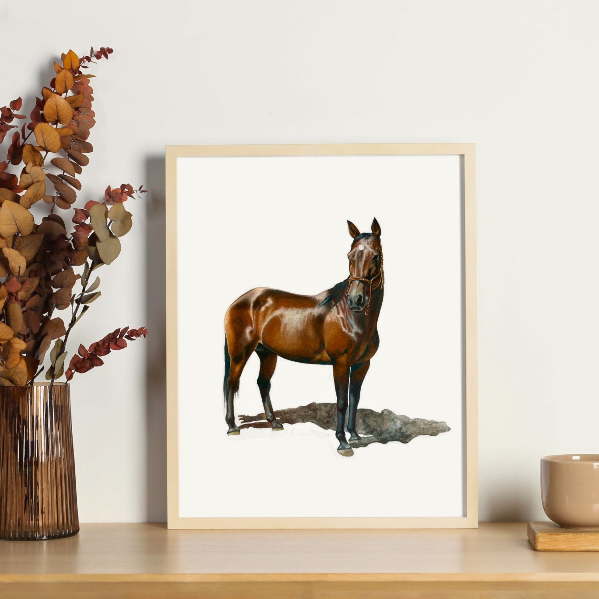 Framed print of a dark brown horse looking to the side.