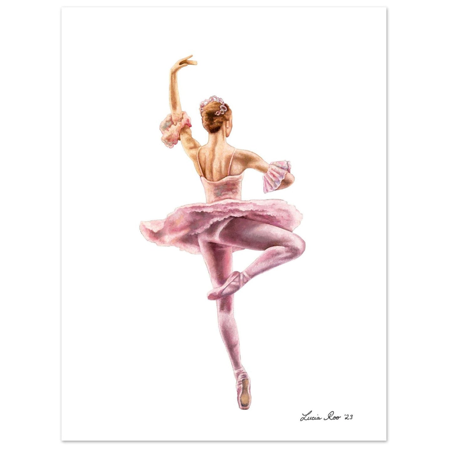 Print of a ballerina in a pink tutu performing a pirouette.